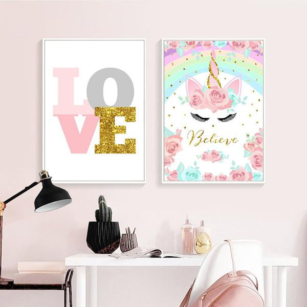 Rainbow Unicorn Poster Print Baby Nursery Wall Art Canvas Painting Cute Nordic Decoration Picture Children Kids Bedroom Decor