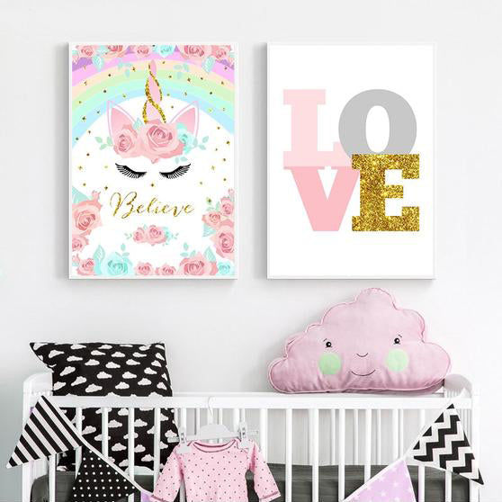 Rainbow Unicorn Poster Print Baby Nursery Wall Art Canvas Painting Cute Nordic Decoration Picture Children Kids Bedroom Decor