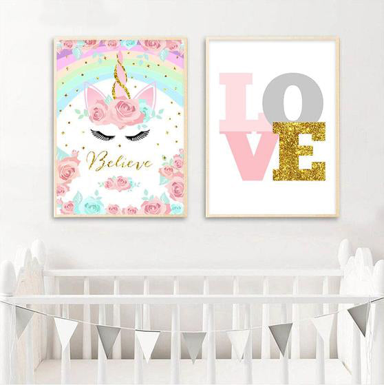 Rainbow Unicorn Poster Print Baby Nursery Wall Art Canvas Painting Cute Nordic Decoration Picture Children Kids Bedroom Decor