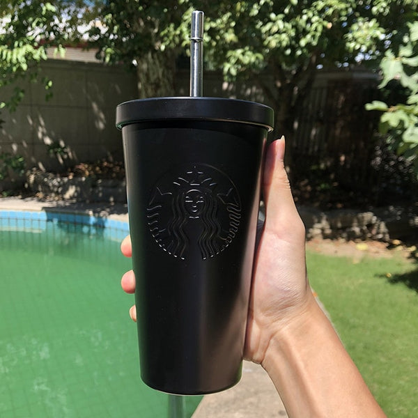 498ml 17oz Fashion Portable Coffee Mug With lid Straw Double Wall Stainless Steel Vacuum flask Travel Tea milk mugs thermos cup