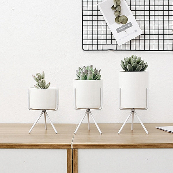 Set of 3pcs Ceramic Flower Planters with Iron Shelf Succulent Plant Pot Home Garden Decorative Flower Vase without plants