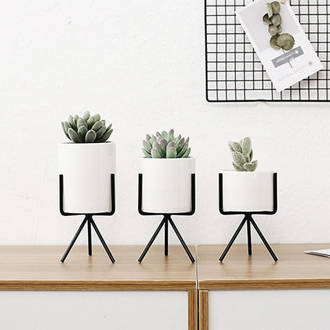 Set of 3pcs Ceramic Flower Planters with Iron Shelf Succulent Plant Pot Home Garden Decorative Flower Vase without plants