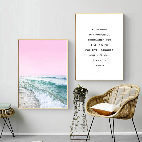 Pink Ocean Waves Canvas Poster Nordic Sea Beach Landscape Wall Art Print Painting Decoration Picture Scandinavian Home Decor