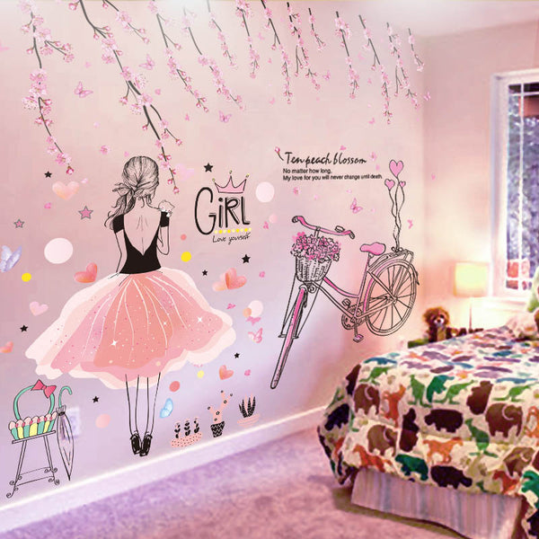 [SHIJUEHEZI] Cartoon Girl Wall Stickers PVC DIY Peach Flowers Bicycle Mural Sticker for Kids Rooms Baby Bedroom Decoration