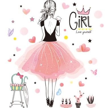 [SHIJUEHEZI] Cartoon Girl Wall Stickers PVC DIY Peach Flowers Bicycle Mural Sticker for Kids Rooms Baby Bedroom Decoration